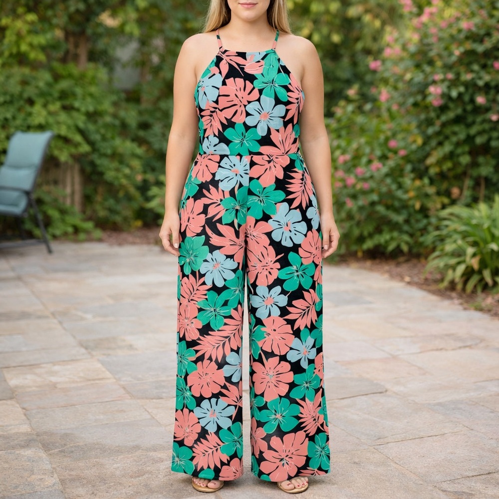 Tropical Wide Leg Jumpsuit Womens Large Floral Halter Backless Summer Boho